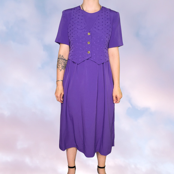 Vtg 80s 90s Leslie Fay NWT Purple Vest Button Up Coquette Tie in Back Dress - Picture 1 of 9